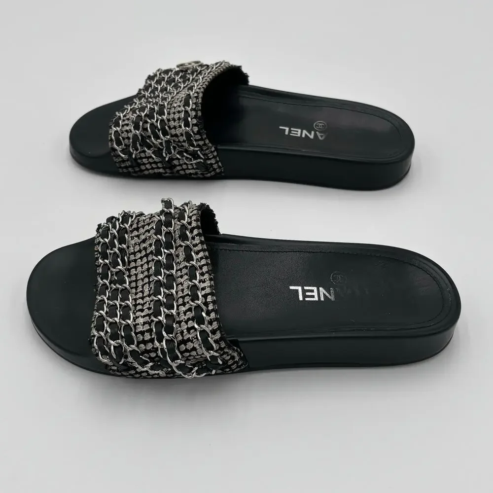 Chanel CC Chain Slide Sandals Flat Canvas Slip On Shoes Black Tweed Size 38